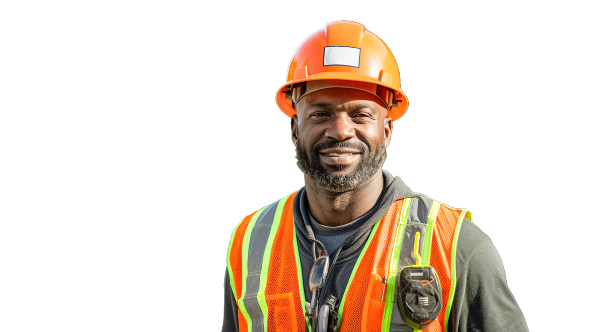 A smiling construction worker wearing an orange hard hat and a high-visibility reflective vest against a white background.