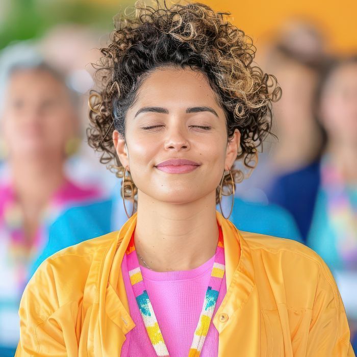 A woman with curly hair is sitting with her eyes closed and smiling.