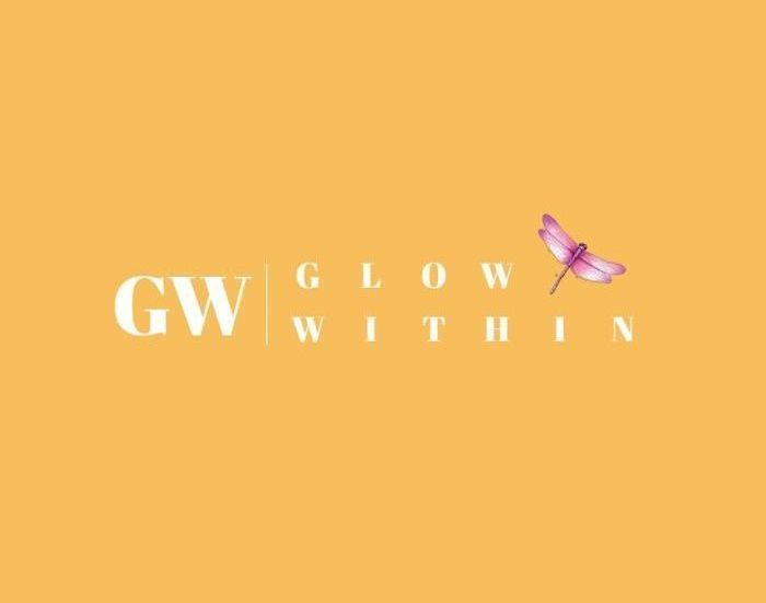 A logo for gw glow within with a dragonfly on a yellow background.