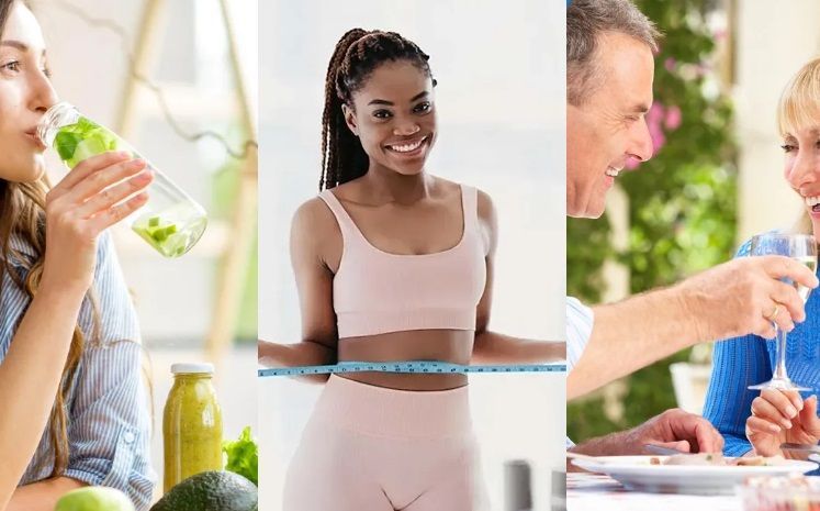 A woman is measuring her waist while a man drinks a smoothie and a woman is eating a meal.