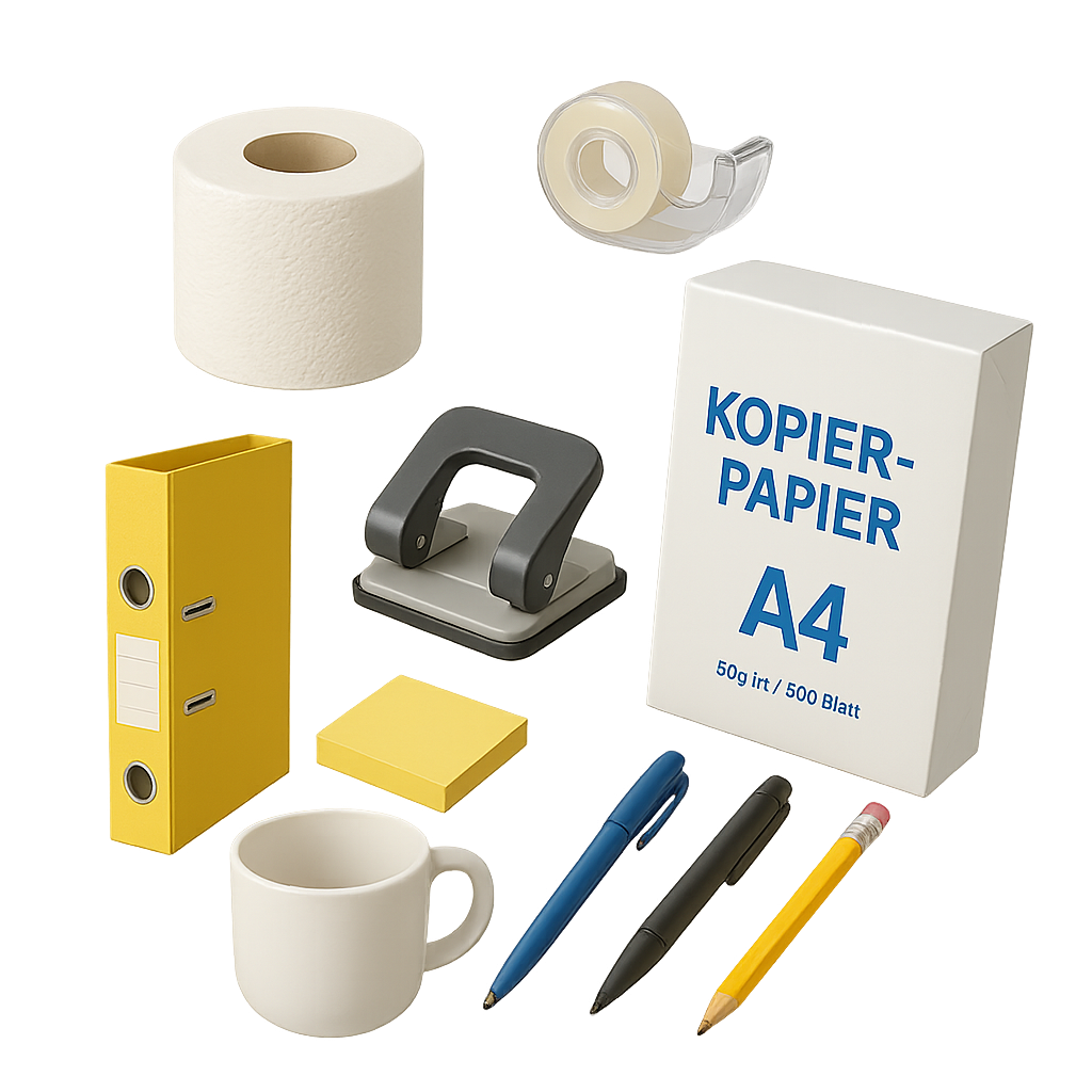 Bürobedarf-Set mit Papier, Locher, Stiften und Haftnotizen