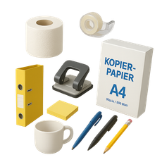 Bürobedarf-Set mit Papier, Locher, Stiften und Haftnotizen