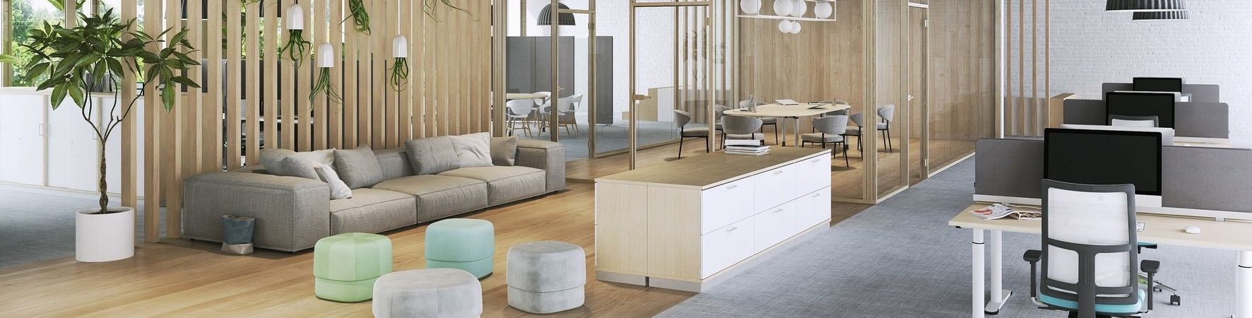 Moderner Wartebereich mit heller Sitzlandschaft, Designmöbeln und Holzoptik