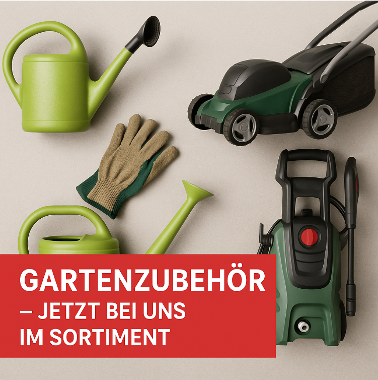 Gartenzubehör Blog Bild. Gießkanne, Handschuhe, Rasenmäher