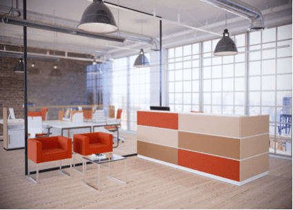 Empfangsbereich mit Couch, Bartisch und moderner Beleuchtung in Büro-Umgebung