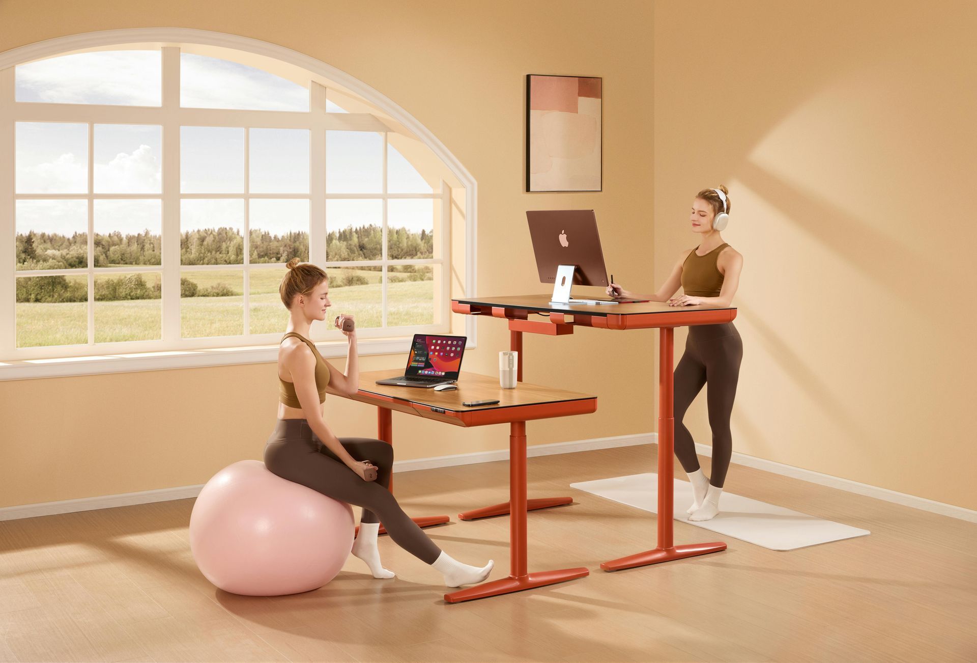 Höhenverstellbarer Tisch und frau auf einem Gymnastik ball