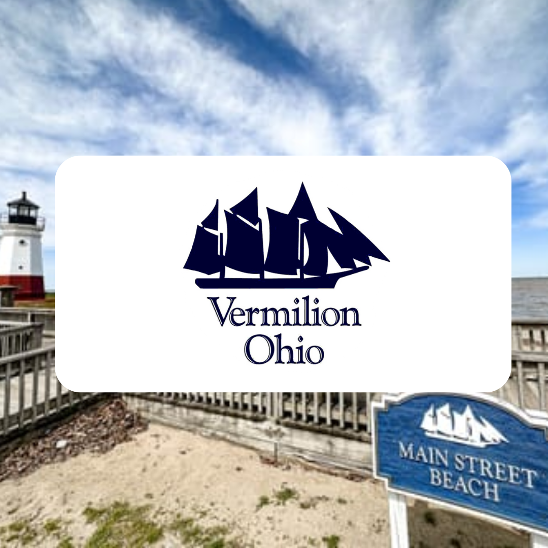 A logo for vermilion ohio with a lighthouse in the background