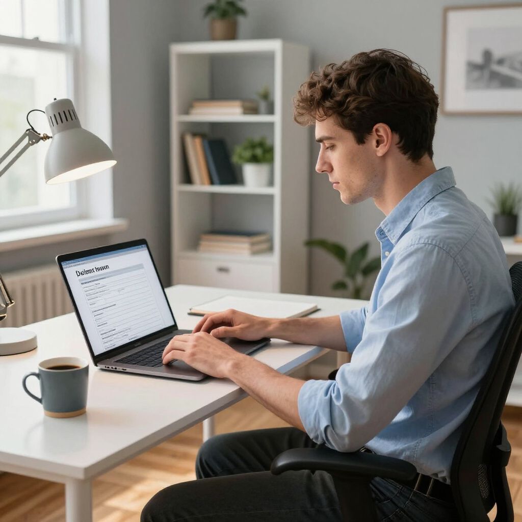 A person in a light blue shirt works on a laptop at a bright home desk with a lamp, mug, and bookshelf in the background.