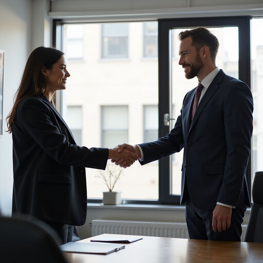 Two professionals in business suits shake hands in a bright office near a window.