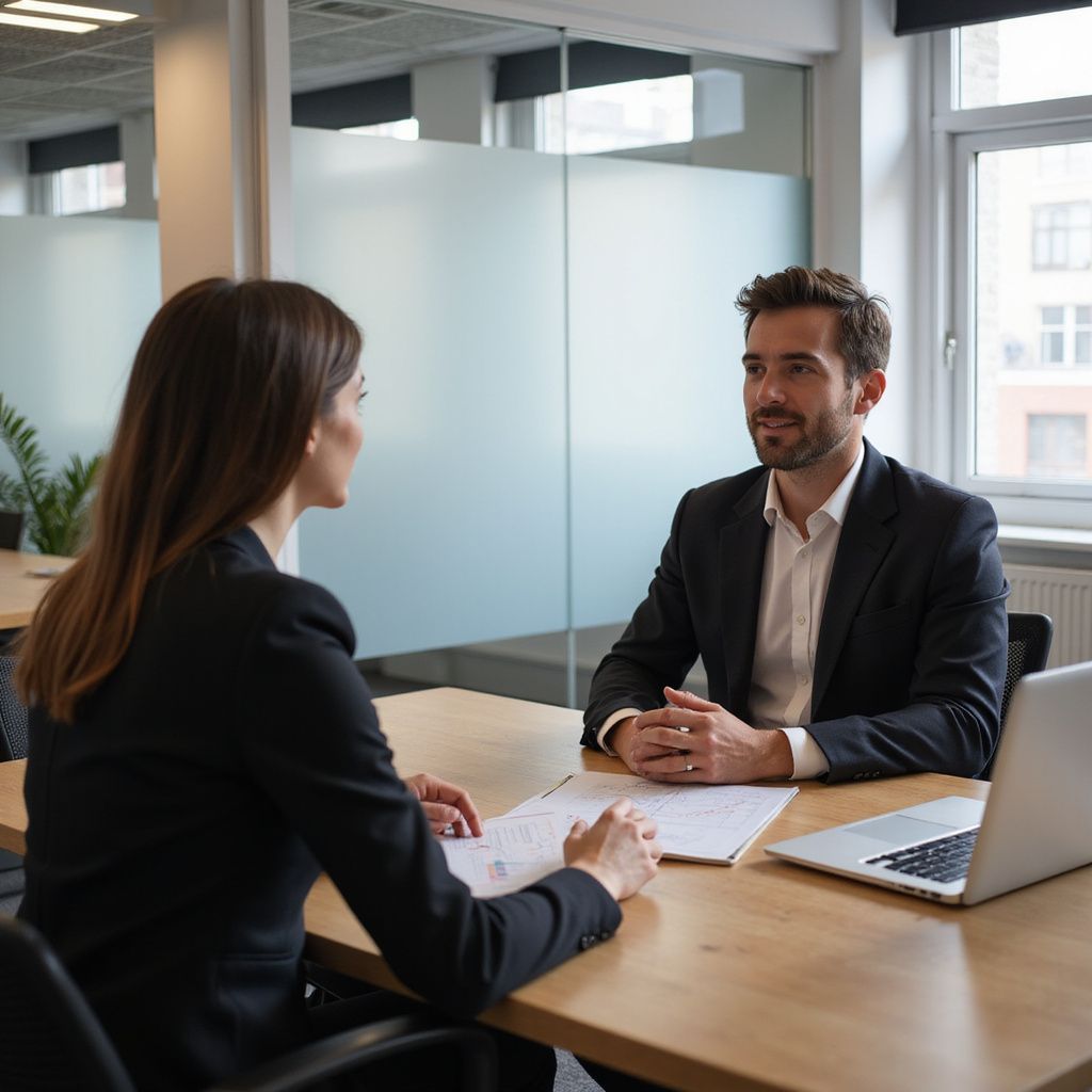 Two professionals in business attire discuss documents at a wooden office desk with a laptop.