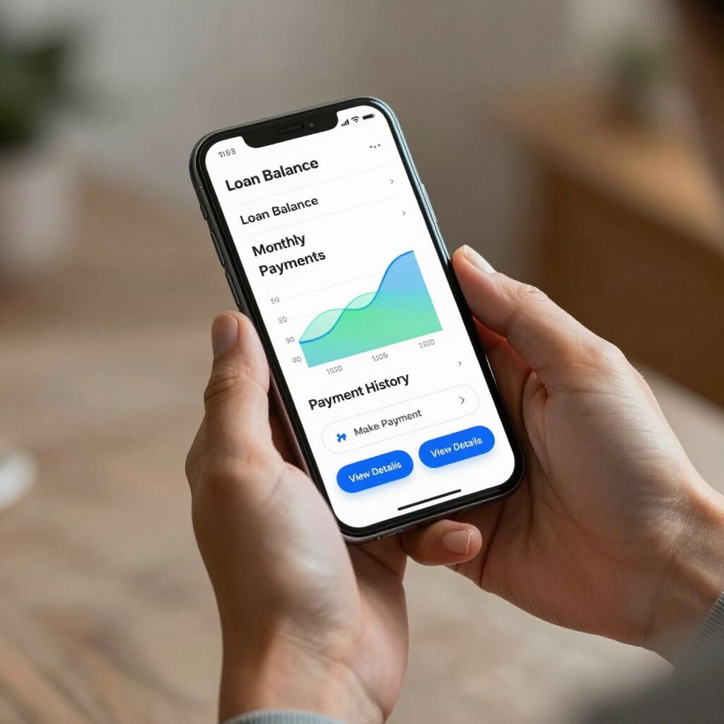 Hands hold a smartphone displaying a loan balance dashboard with a line graph and payment buttons.