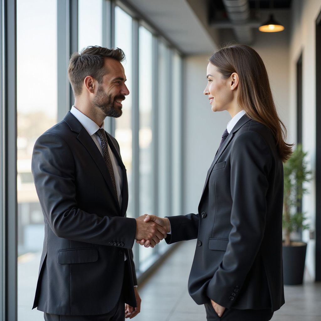 Two professionals in business suits shake hands while standing in a sunlit office hallway.