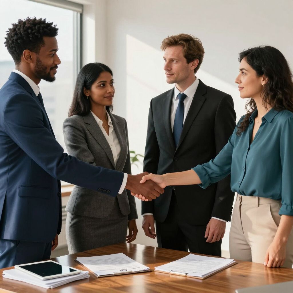 Four people in business attire stand around a table during a meeting, two shaking hands while others look on.
