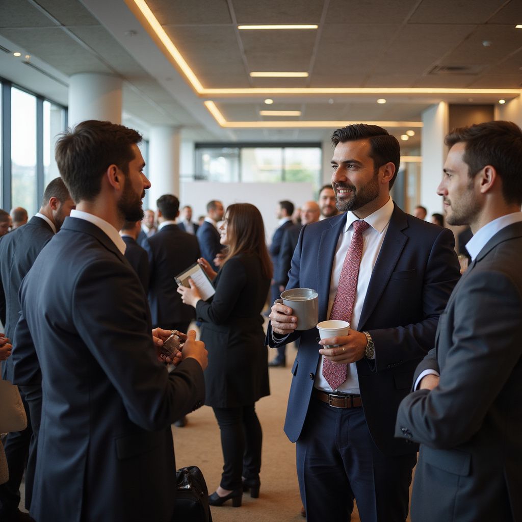 Professional networking event in a brightly lit, modern office space with people in suits conversing and holding mugs.