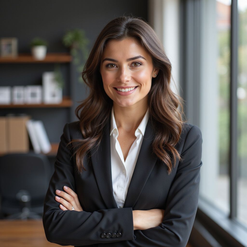 A person in a professional black blazer and white shirt smiling with arms crossed in an office setting.