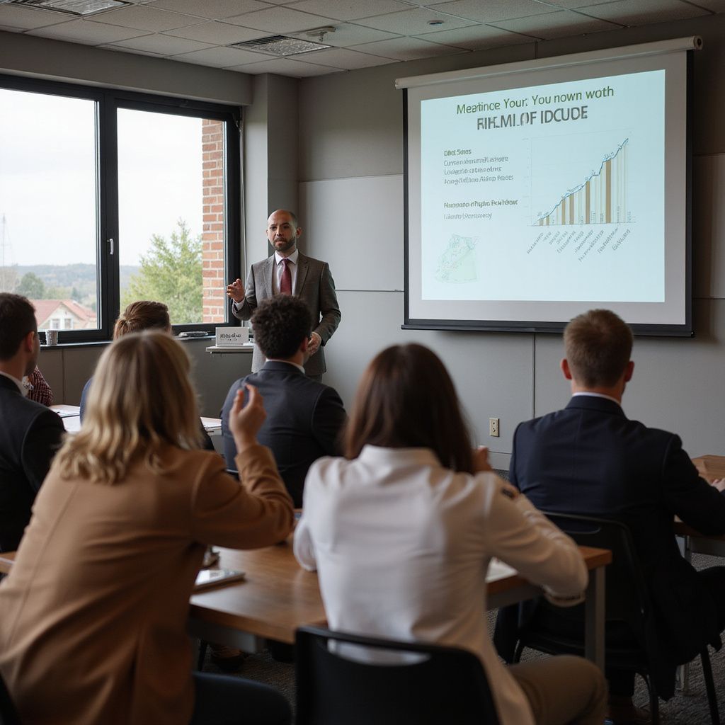 A professional speaker presents a growth chart to an audience seated in a bright, modern meeting room.