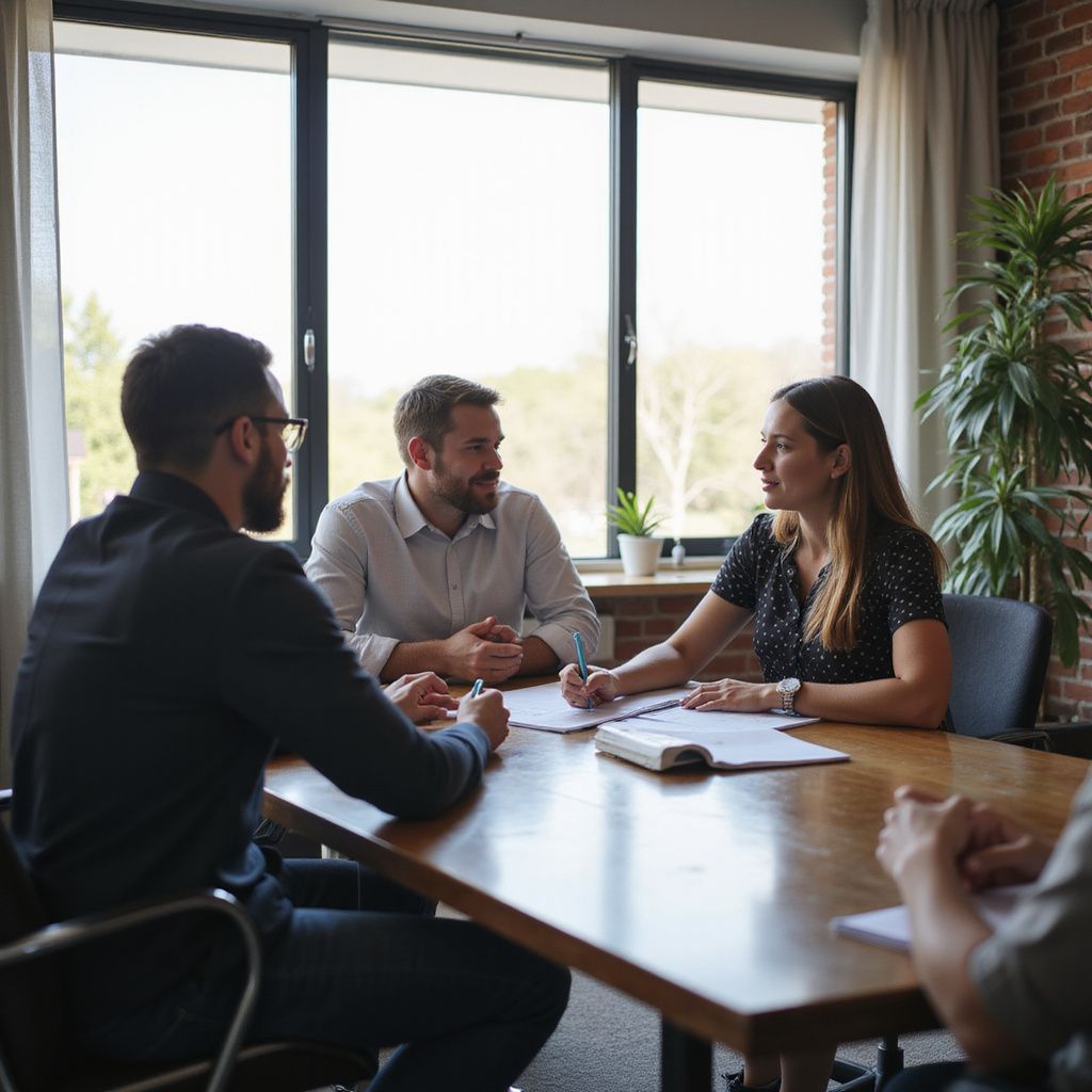 Three colleagues sit at a wooden table in a bright office, discussing work documents in front of a large window.