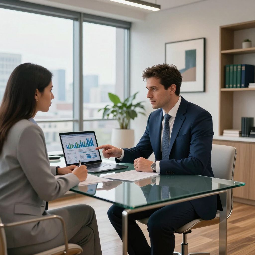 A professional sitting across a table from a colleague, discussing data on a laptop in a bright, modern office.