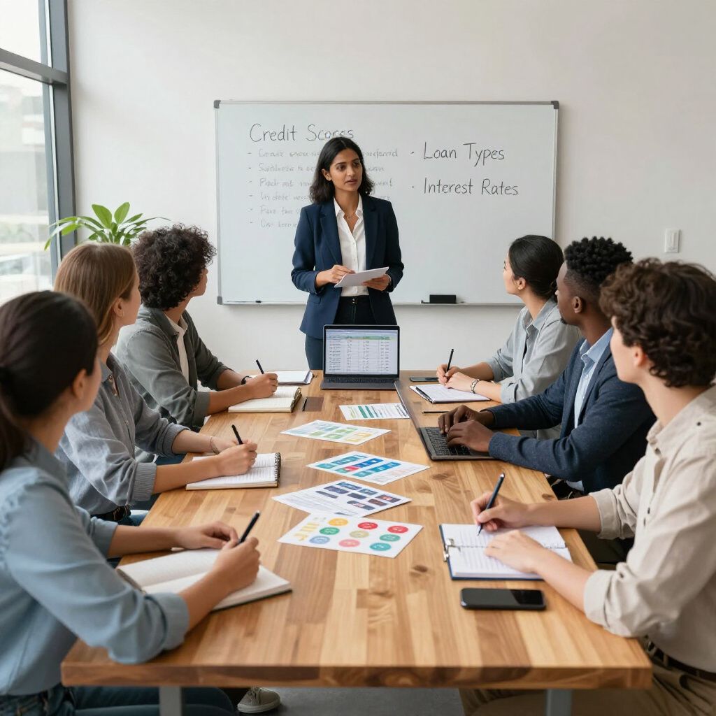 A professional meeting in a bright office, with a speaker standing at a whiteboard presenting to a group seated at a table.