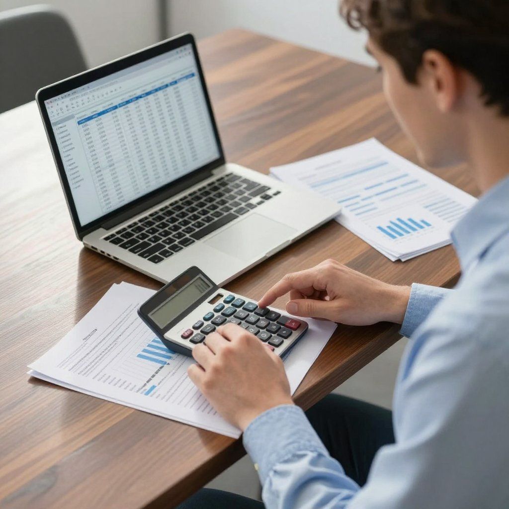A person in a light blue shirt uses a calculator while sitting at a desk with a laptop displaying a spreadsheet and charts.