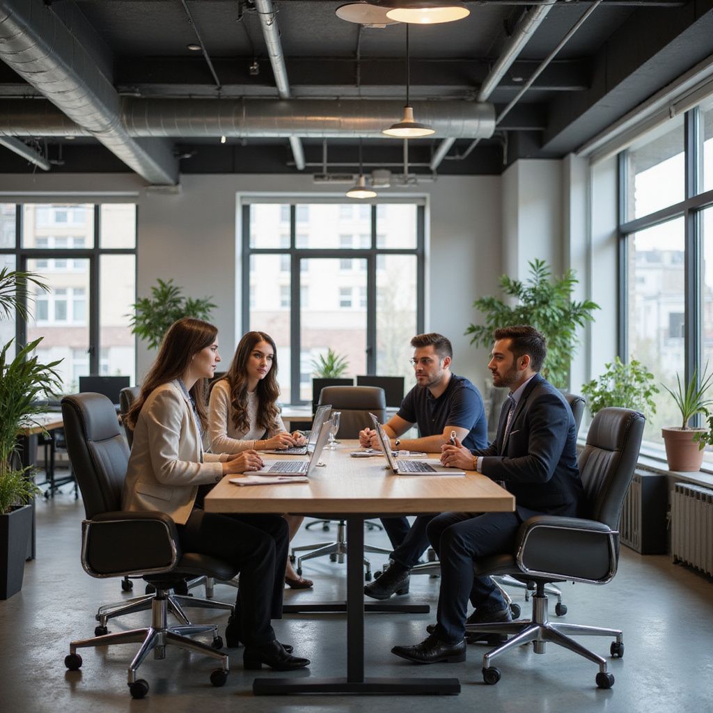 Four people seated at a long table in an office setting, collaborating and working on laptops during a meeting.