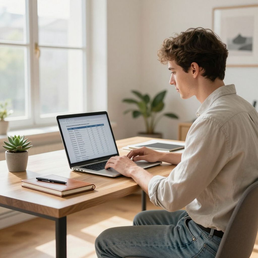 A person sits at a wooden desk by a window, typing on a laptop with a document and a small potted plant nearby.