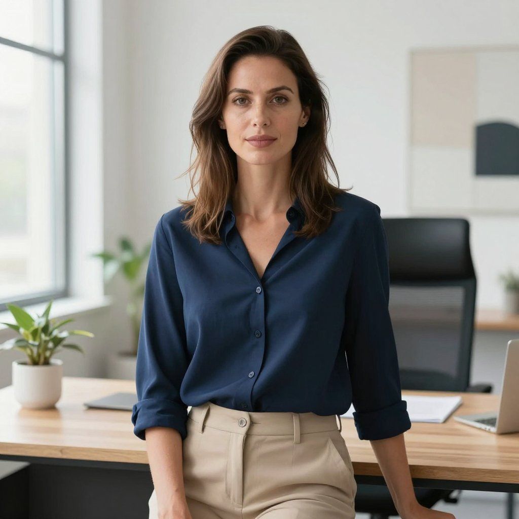 A professional with brown hair wearing a navy blue button-down shirt and beige trousers in a modern office setting.