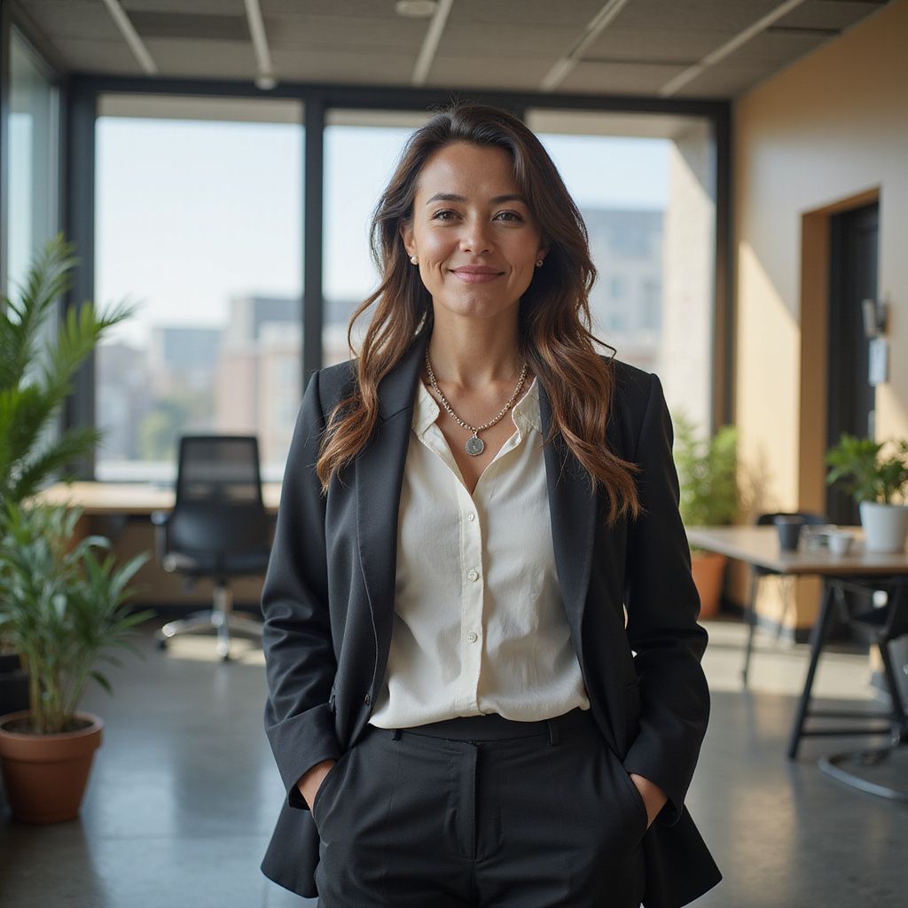 A person in a black blazer and white shirt stands smiling with hands in pockets in a bright, modern office.