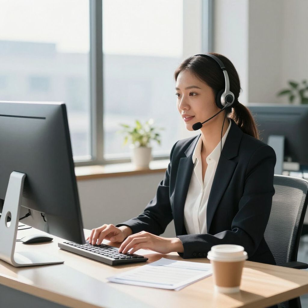 A person wearing a headset works at a computer in a brightly lit office, typing on a keyboard next to a coffee cup.