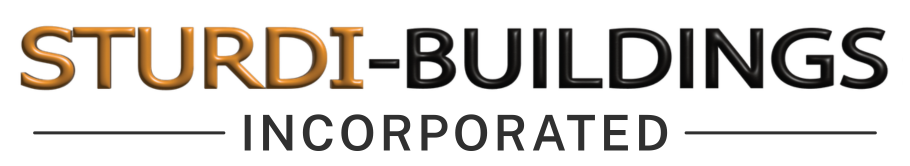 Logo of Sturdi-Buildings Incorporated; text is brown and black, with a line underneath “Incorporated.”