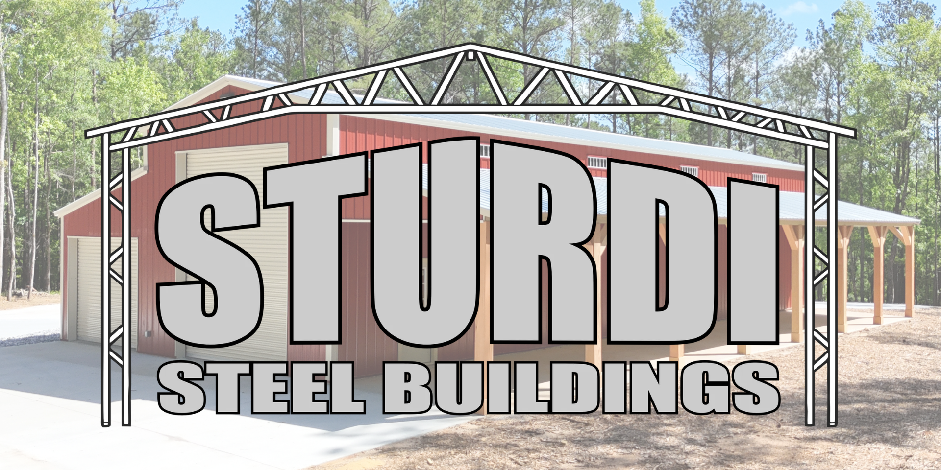 Sturdi Steel Buildings Logo with red metal building behind it