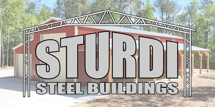 Logo for Sturdi Steel Buildings, with the name in large letters under a steel building frame.