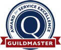 A guildmaster award for service excellence logo with a magnifying glass in the center.