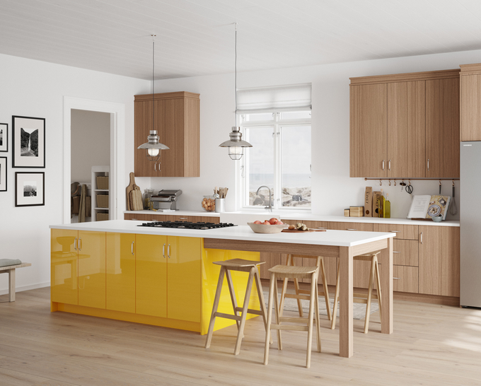 A kitchen with yellow cabinets and wooden cabinets