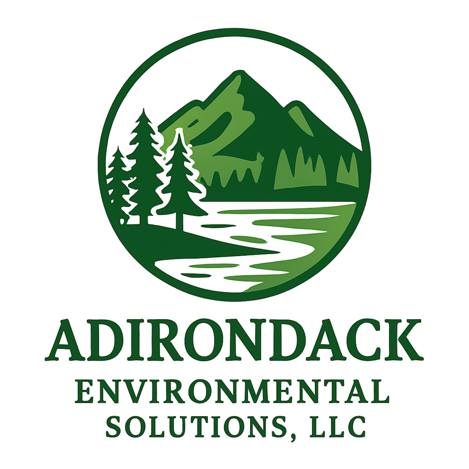 Adirondack Environmental Solutions, LLC logo with green mountains, pine trees, and a river.