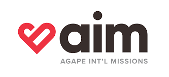 A logo for aim agape intl missions with a red heart