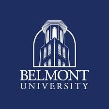 The logo for belmont university is a white building on a blue background.