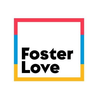 The logo for foster love is a square with a colorful frame around it.
