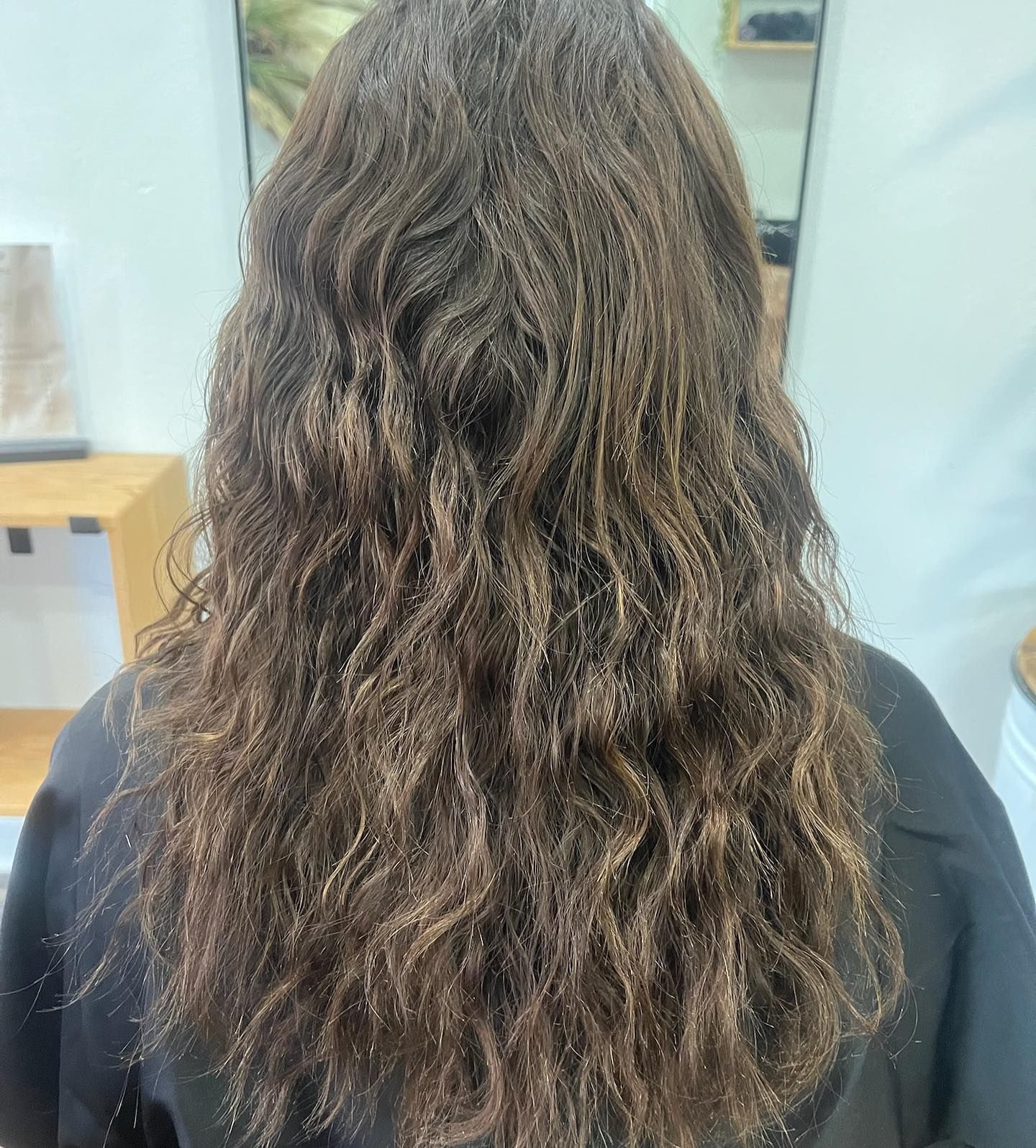Person with long wavy brown hair. In a salon, from the back.