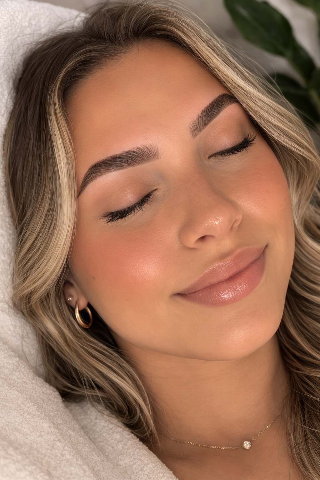 Close-up portrait of a smiling woman with closed eyes, soft makeup, and wavy blonde hair