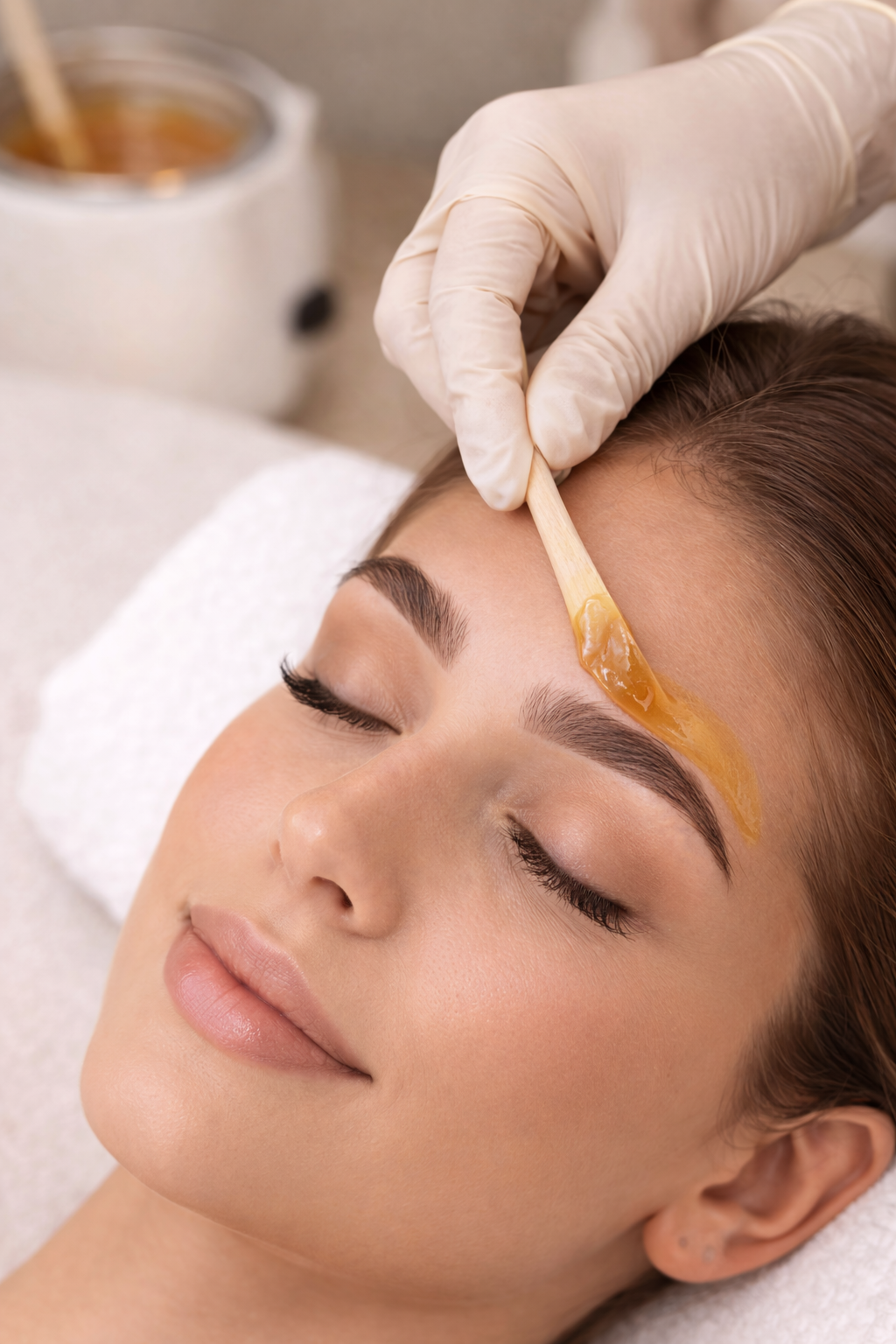Person getting armpit waxed by someone wearing blue gloves.