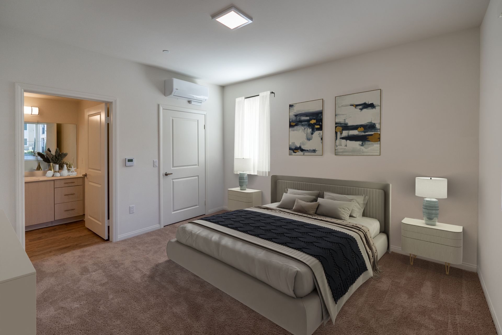 A bed room with a bed with a window and a closed closet door