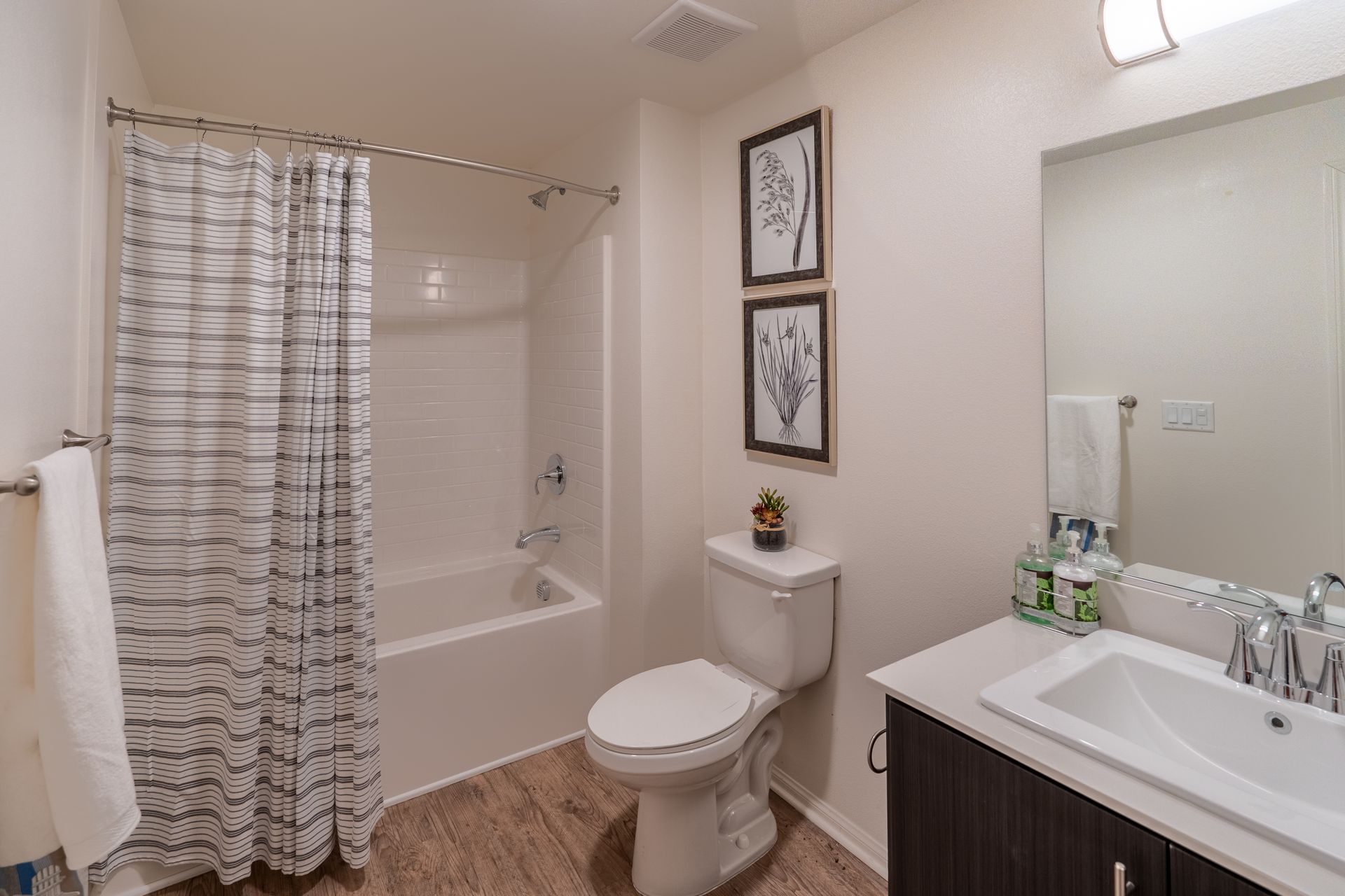 A bathroom and vanity mirror and sink and toilet and tub with shower
