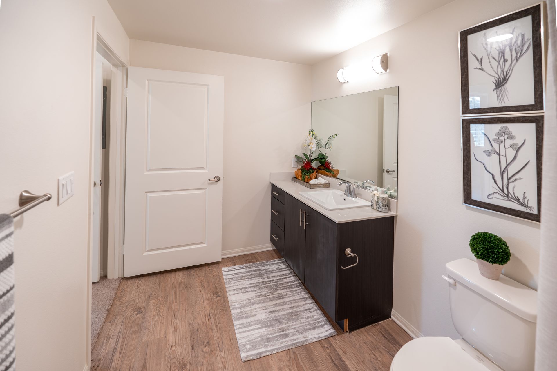 A bathroom and vanity mirror and sink
