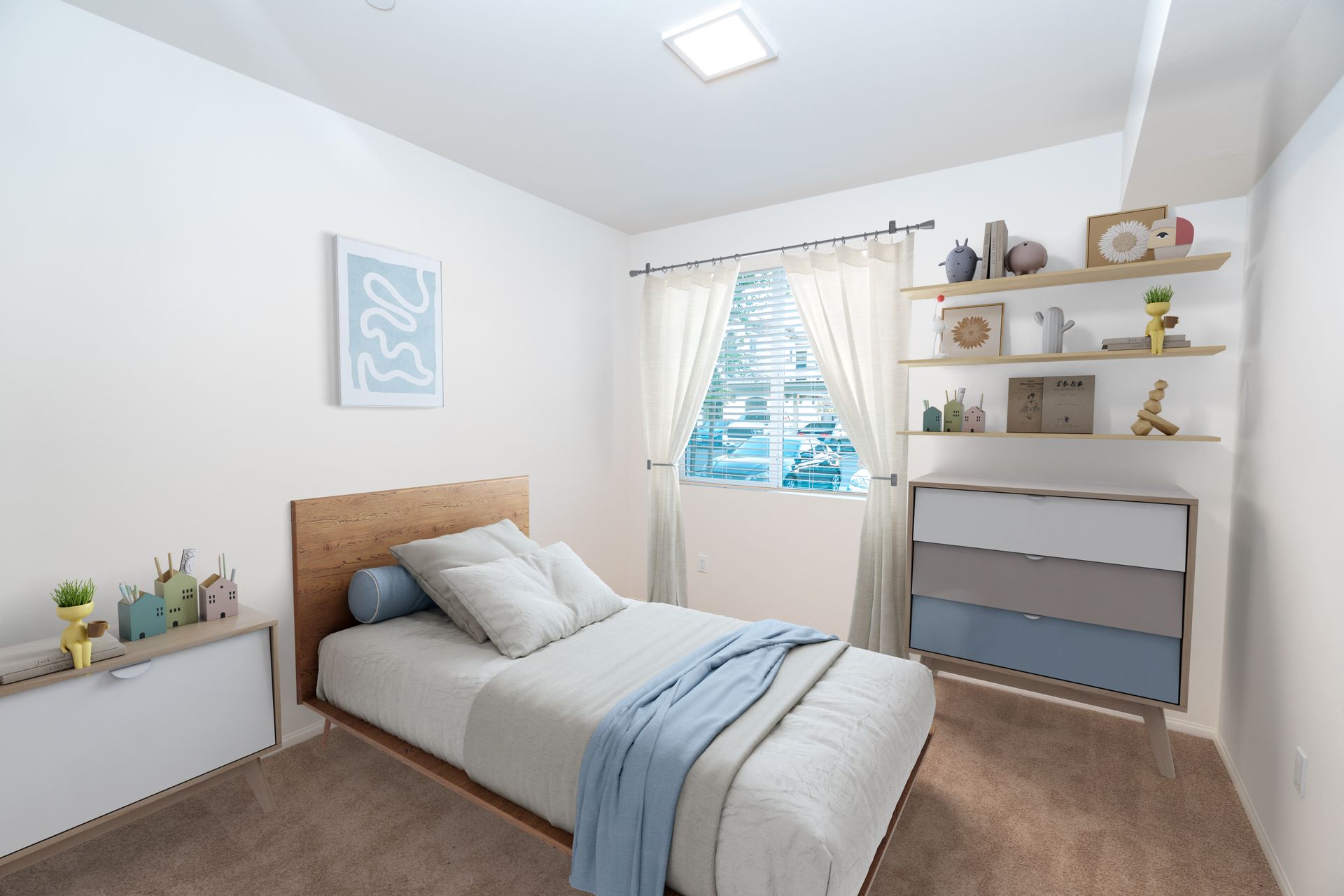 A bed room with a bed with a window and a shelfs