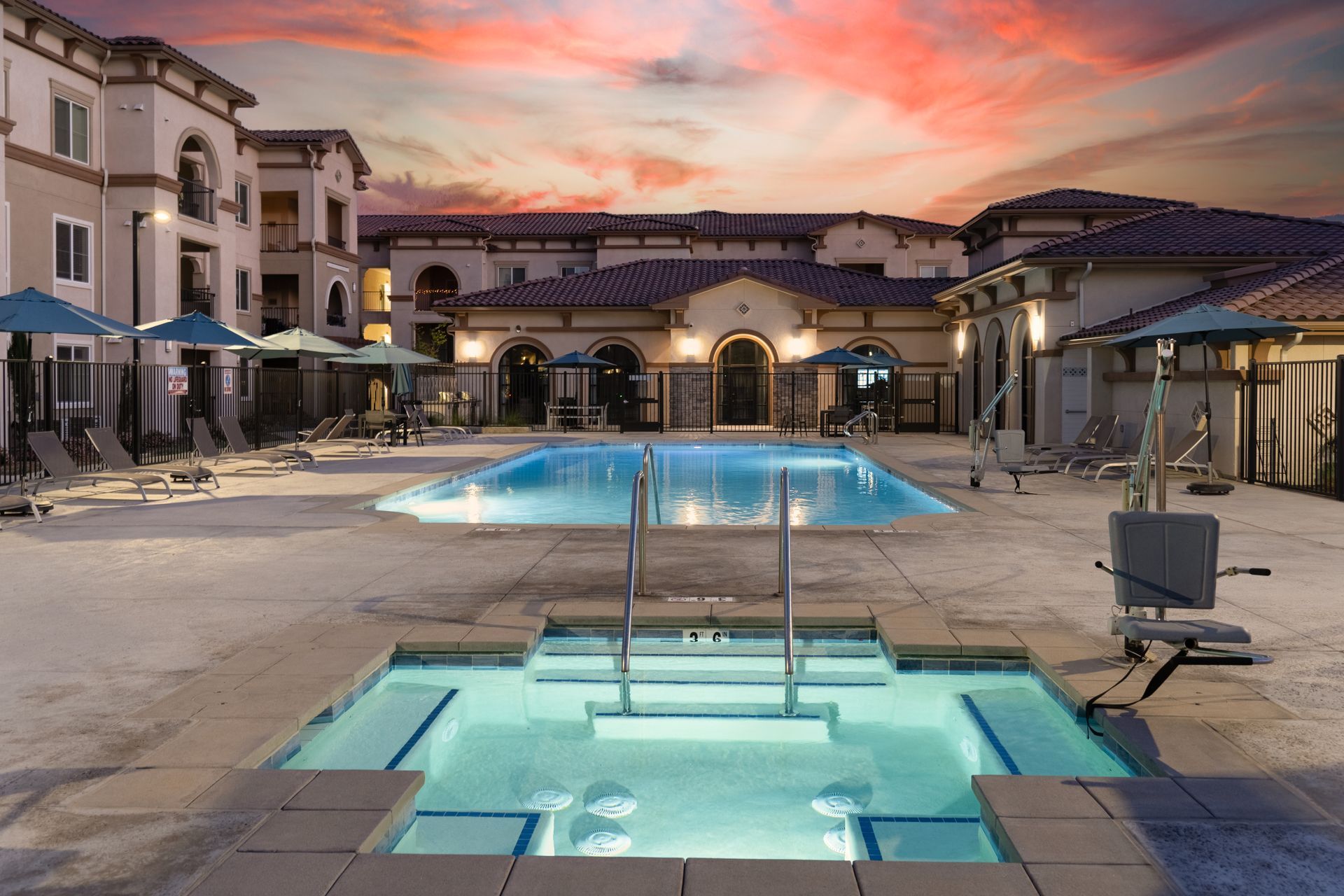 Pool and spa and apartment building