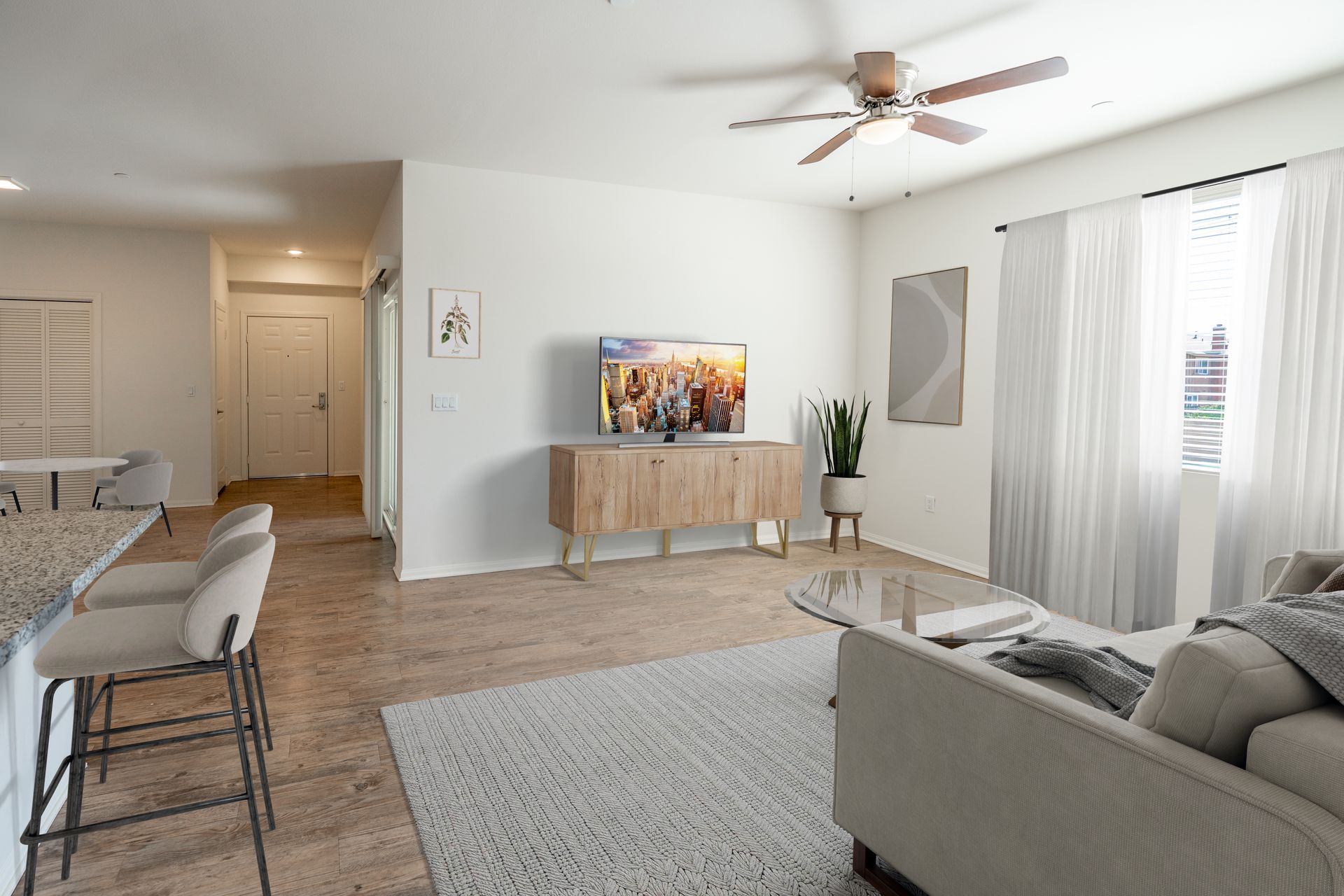 Living room with couch and table and television