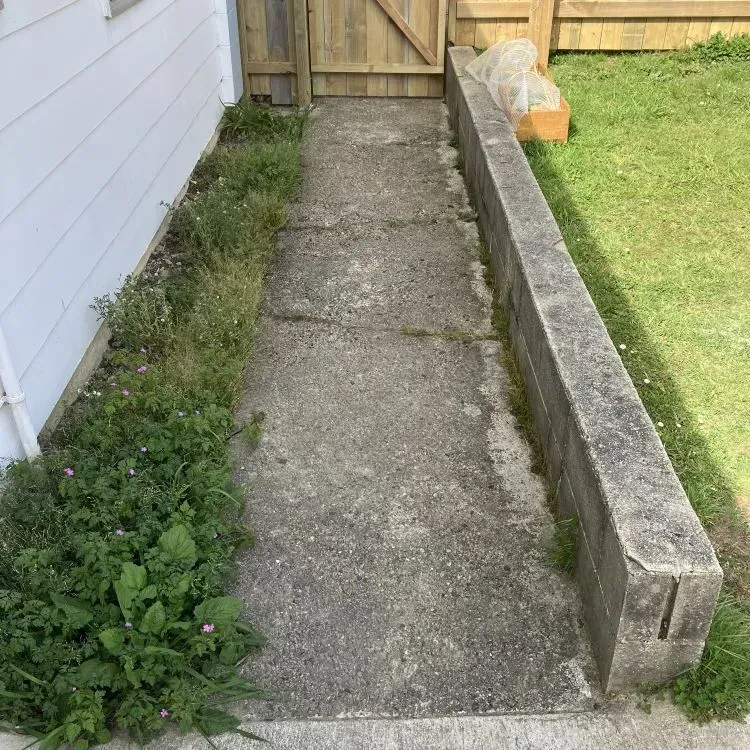 Before: concrete path covered in dirt and growth before water blasting on a property in Bradford, Dunedin.