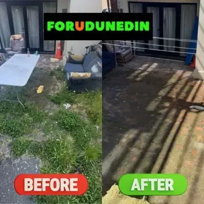 Before & After: Weeds and grass patches cleared and disposed of from a courtyard in Opoho, Dunedin.