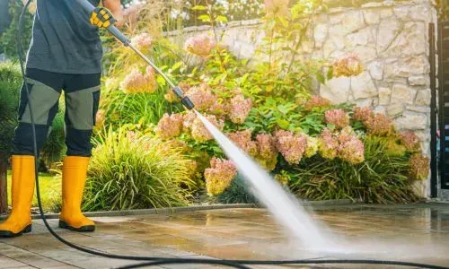 Pressure washing residential pavers near garden landscaping in Dunedin using safe exterior cleaning methods.